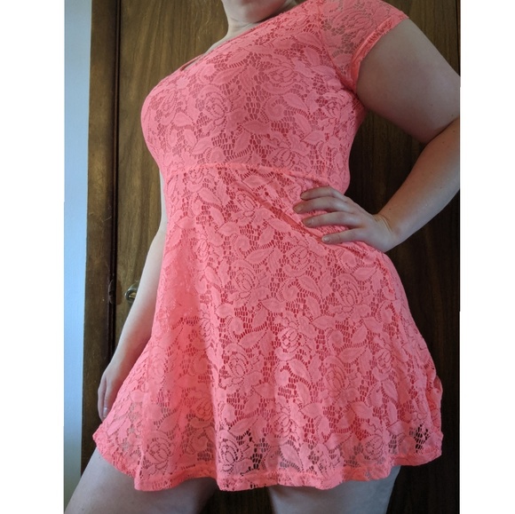 Vibrant Coral Lace Short Skater Dress - Picture 3 of 6
